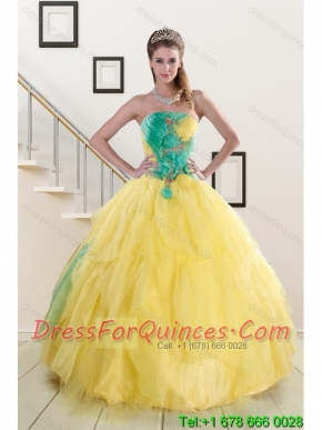 Best 2015 Strapless Yellow and Green Sweet 15 Dresses with Ruching