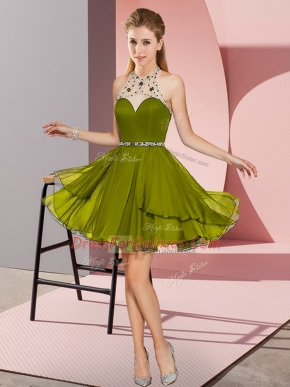 Hot Sale Halter Top Sleeveless Prom Party Dress Mini Length Beading Olive Green Chiffon