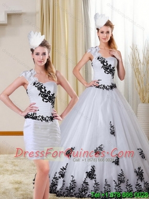 2015 Elegant One Shoulder Sweetheart White and Black Quinceanera Dress with Appliques
