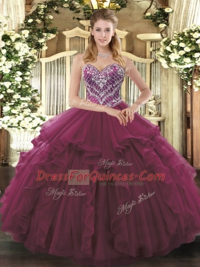 Pretty Burgundy Ball Gowns Tulle Sweetheart Sleeveless Beading and Ruffles Floor Length Lace Up Sweet 16 Dresses