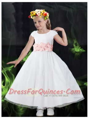 Cheap A-Line Scoop Short Sleeves Ankle-length Flower Girl Dress with Hand Made Flowers