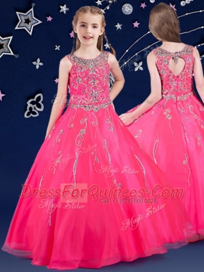 Fancy Scoop Floor Length Zipper Toddler Flower Girl Dress Hot Pink for Quinceanera and Wedding Party with Beading