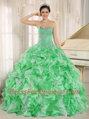 Exquisite Sweetheart Green Beaded Bodice and Ruffles Organza Quinceanera Dress