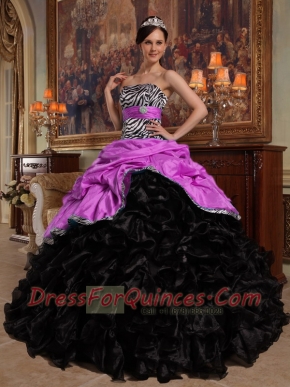 Hot Pink and Black Ball Gown Sweetheart Floor-length Pick-ups Taffeta and Organza Pretty Quinceanera Dresses