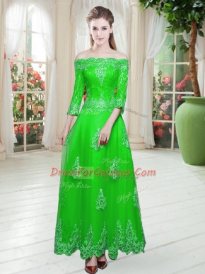 Dazzling Green Off The Shoulder Neckline Lace 3 4 Length Sleeve Lace Up