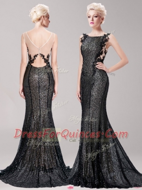 Best Selling Mermaid Black Sequined Clasp Handle Square Sleeveless With Train Evening Dress Brush Train Appliques and Sequins
