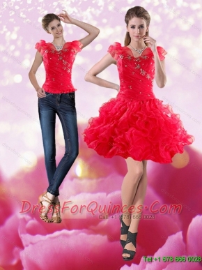 Detachable 2015 Knee Length Red Dama Dress with Beading and Ruffles