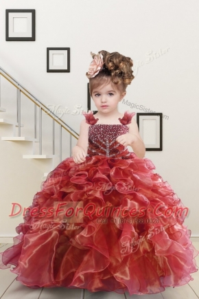 Watermelon Red Lace Up Child Pageant Dress Beading and Ruffles Sleeveless Floor Length
