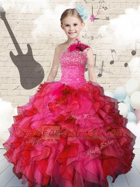 Hot Pink One Shoulder Lace Up Beading and Ruffles Flower Girl Dress Sleeveless