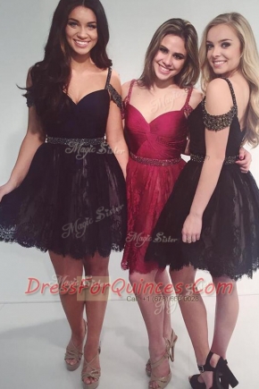 Noble A-line Prom Dresses Black V-neck Lace Sleeveless Mini Length Zipper