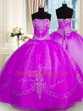 Floor Length Purple Vestidos de Quinceanera Organza Sleeveless Beading and Embroidery