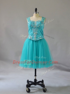 Latest Turquoise A-line Beading Evening Dress Zipper Tulle Sleeveless Mini Length