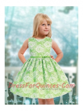 Modest A-Line Scoop Mini-length Lace Ribbons Green Little Girl Dress