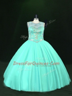 On Sale Tulle Scoop Sleeveless Lace Up Beading Quince Ball Gowns in Turquoise