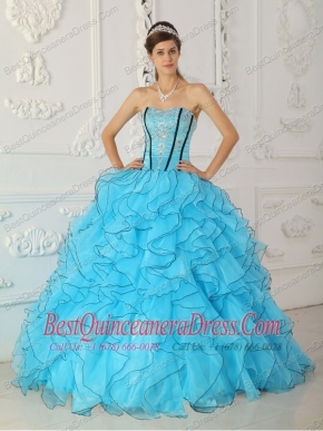 Baby Blue Ball Gown Strapless Floor-length Organza Appliques Sweet 16 Dress