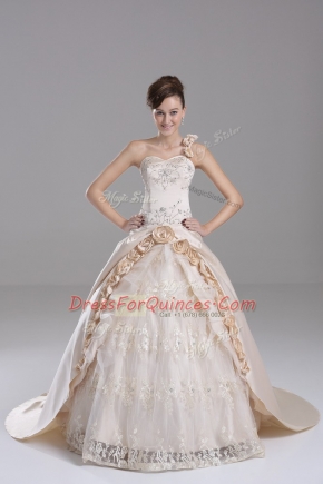 Vintage Brush Train Ball Gowns Quinceanera Gown Champagne One Shoulder Satin Sleeveless Lace Up