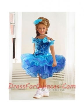 Beautiful Ball Gown Blue Knee-length Little Girl Dress with Bowknot
