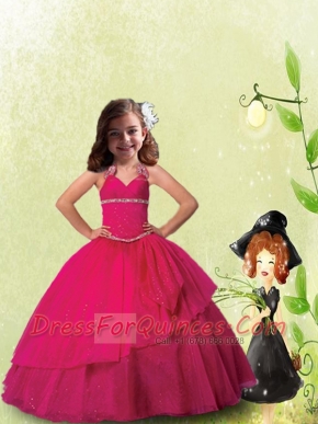 Luxirious Halter Top Hot Pink Little Girl Pageant Dress with Beading and Ruching