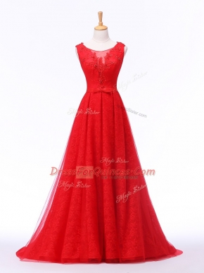 Lace Up Prom Dresses Red for Prom and Military Ball and Sweet 16 with Lace and Appliques and Belt Brush Train