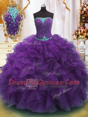 Stylish Purple Organza Lace Up Strapless Sleeveless Floor Length Sweet 16 Dresses Beading and Ruffles