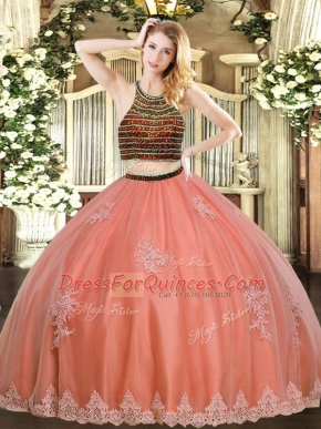 Wonderful Floor Length Coral Red Sweet 16 Quinceanera Dress Tulle Sleeveless Beading and Appliques