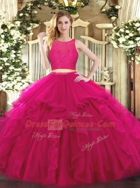 Tulle Scoop Sleeveless Zipper Ruffles Vestidos de Quinceanera in Fuchsia