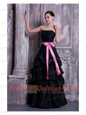 Prom Dress Strapless Black A-line Floor-legnth Taffeta Sash and Pick-ups