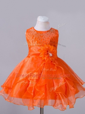 Orange Red Scoop Zipper Beading and Hand Made Flower Child Pageant Dress Sleeveless