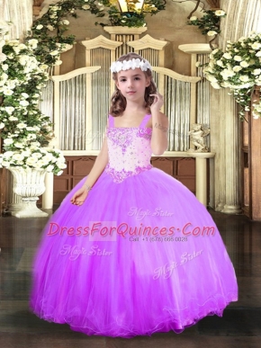 Amazing Lavender Sleeveless Beading Floor Length Little Girls Pageant Gowns