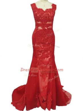 Red Column/Sheath Tulle Square Sleeveless Lace Zipper Homecoming Dress Brush Train