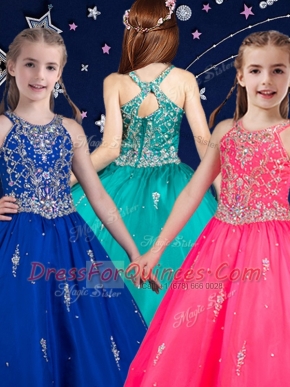 Modest Scoop Hot Pink and Royal Blue Zipper Little Girl Pageant Gowns Beading Sleeveless Floor Length