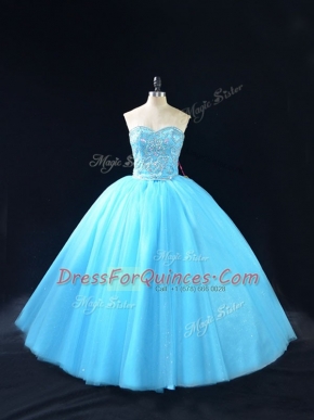 Baby Blue Sweetheart Lace Up Beading Quince Ball Gowns Sleeveless