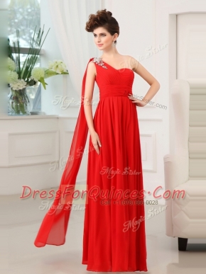 One Shoulder Red Sleeveless Beading and Sashes ribbons and Ruching Floor Length