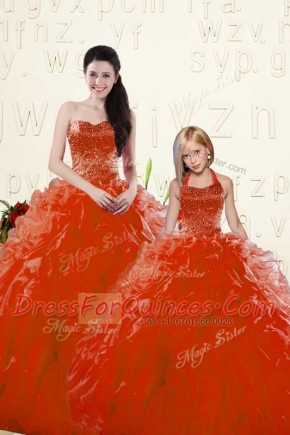 Long Sleeves Floor Length Beading and Ruffles Lace Up Sweet 16 Dresses with Red