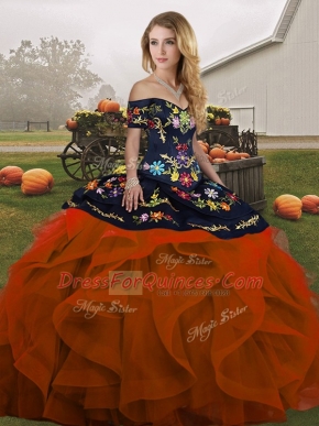 Most Popular Floor Length Rust Red Quince Ball Gowns Off The Shoulder Sleeveless Lace Up