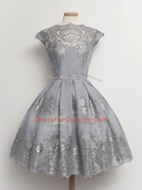 Grey A-line Tulle Scalloped Cap Sleeves Lace Tea Length Lace Up Dama Dress for Quinceanera