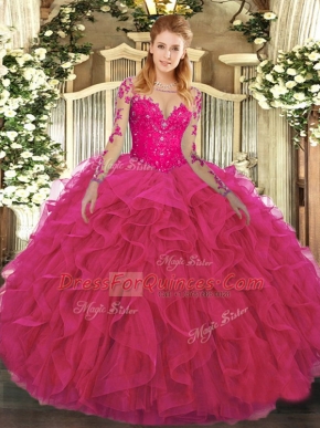 Glittering Scoop Long Sleeves Quinceanera Dresses Floor Length Lace and Ruffles Hot Pink Tulle