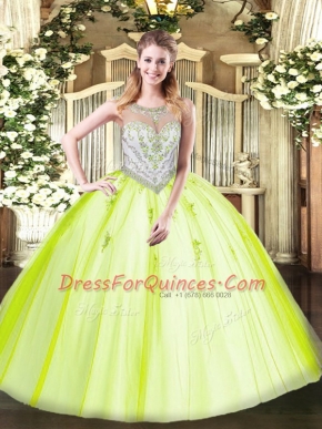 Colorful Yellow Green Ball Gowns Scoop Sleeveless Tulle Floor Length Zipper Beading and Appliques Vestidos de Quinceanera