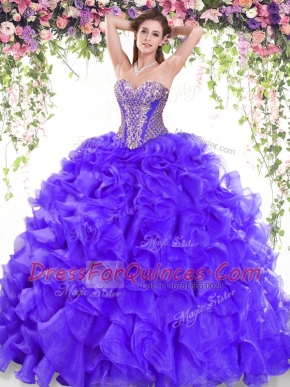 Purple Lace Up Sweetheart Beading and Ruffles Sweet 16 Quinceanera Dress Organza Sleeveless Sweep Train