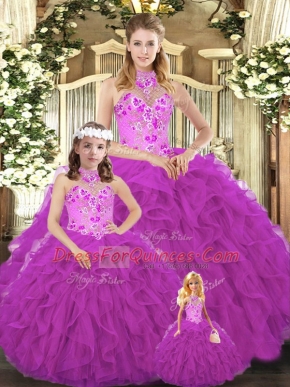 Custom Designed Fuchsia Halter Top Neckline Embroidery and Ruffles Quinceanera Dresses Sleeveless Lace Up