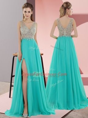Flare Sleeveless Chiffon Sweep Train Zipper Prom Dress in Turquoise with Beading