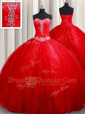 Ball Gowns Vestidos de Quinceanera Red Sweetheart Tulle Sleeveless Lace Up