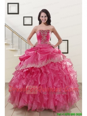 Appliques and Ruffles 2015 Hot Pink Quinceanera Gowns