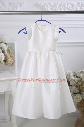 Satin Sleeveless Tea Length Flower Girl Dress and Ruching