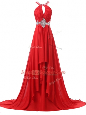 Halter Top Sleeveless Brush Train Lace Up Red Chiffon