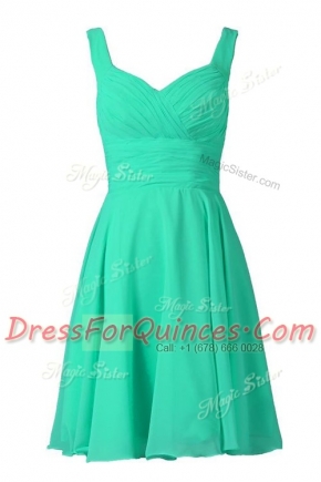 Amazing Off the Shoulder Turquoise Chiffon Zipper Sleeveless Knee Length Pleated