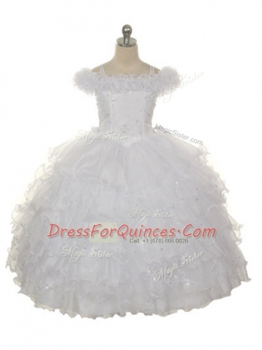 Floor Length White Flower Girl Dress Off The Shoulder Sleeveless Lace Up