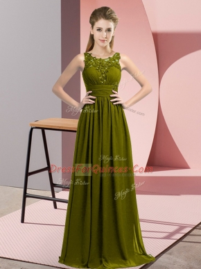 Cute Olive Green Chiffon Zipper Dama Dress Sleeveless Floor Length Beading and Appliques