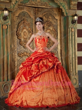 Orange Red Ball Gown Strapless Floor-length Pick-Ups Taffeta Quinceanera Dress