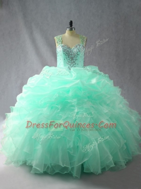 Excellent Apple Green Zipper Straps Beading and Ruffles and Pick Ups Quinceanera Dress Organza Sleeveless